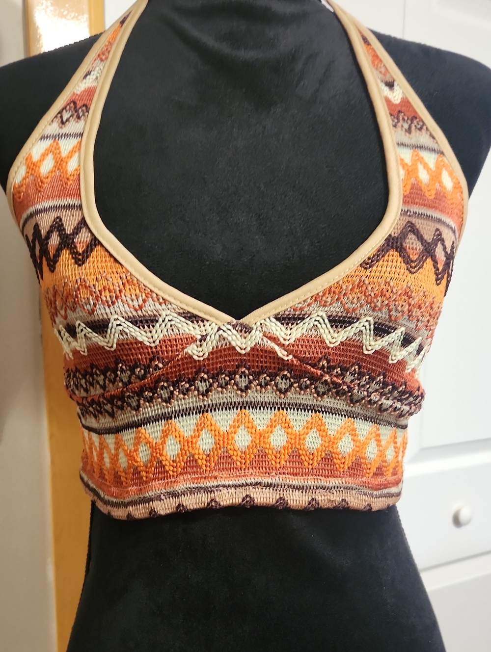 Boho Patterned Halter Crop Camisole in Orange/ Brown Multi